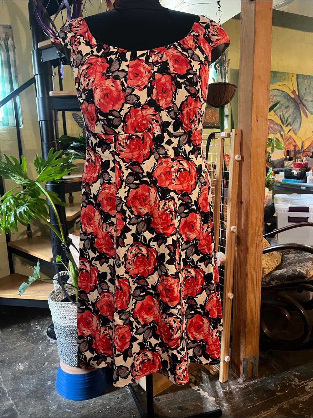 London Times Red Floral Midi Dress on Cream Background